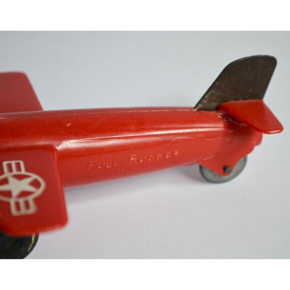 Vintage Marx Toy Pull Rudder Airplane Bell X-1 Experimental Jet Red - Picture 3 of 7